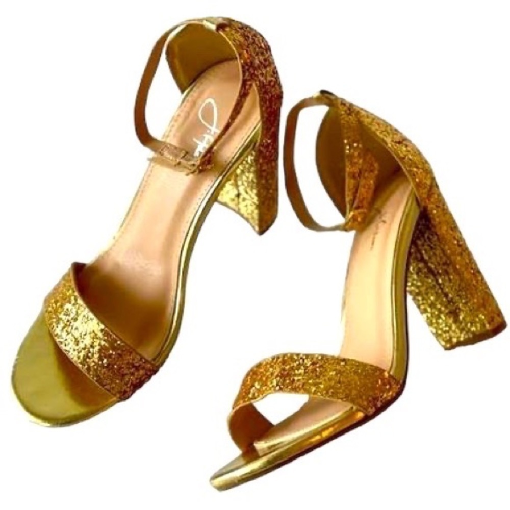 J. Adams Women's Gold Glitter Ankle Straps Block Heels Wedding Bridal Prom, 7M